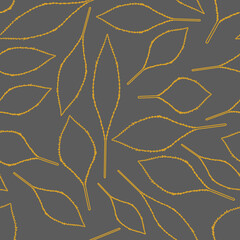 Seamless elegant pattern with golden orange outline leaves on a grey background. The pattern can be used for wrapping papers, invitation cards, wallpapers, covers, textile prints. Vector illustration