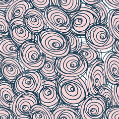 Fototapeta na wymiar Seamless pattern with child doodle roses. Pattern with blue swirls on a pink and white backdrops. Can be used for textile prints, cards, wrapping paper. Vector illustration, eps 10.