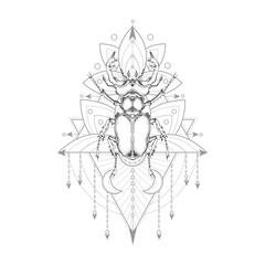 Vector illustration with hand drawn stag beetle and Sacred geometric symbol on white background. Abstract mystic sign. Black linear shape. 