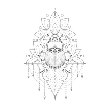 Vector illustration with hand drawn scarab and Sacred symbol on white background. Abstract mystic sign. Black linear shape. 