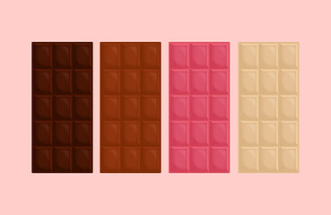 Set of classic chocolate bars of different tastes. Dark, milk, white and crimson, berry chocolate isolated. Organic production, chocolate bussines. Volumetric illustration