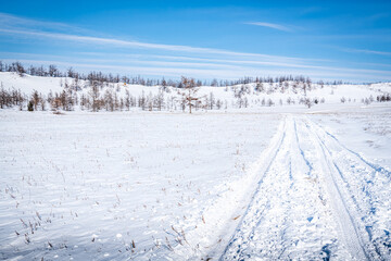 Fototapeta na wymiar Snow-covered country road in the steppe