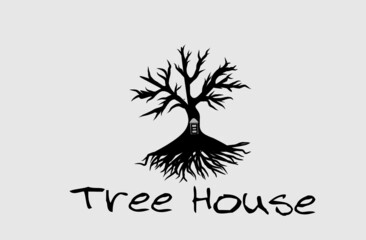 
Silhouette tree house logo vector on white background