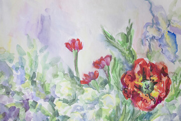 Summer flowers wallpaper. Watercolor painting texture with smudges. Red poppies, blue iris and globeflowers. Fine art illustration with copy space.