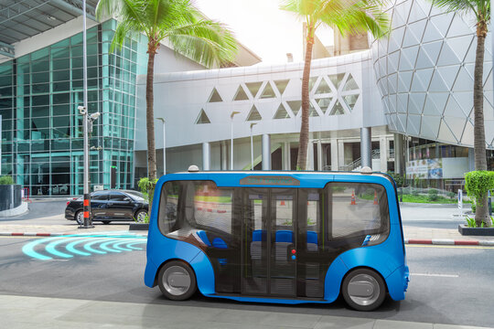 Autonomous Electric Bus Self Driving On Street, Smart Vehicle Technology Concept, 3d Render