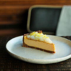 Delicious citrus caramel cake with granita