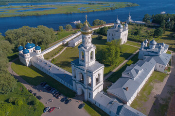 View of the old bell tower of St. George's Monastery on a sunny June day (aerial photography)....