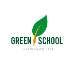 pencil and green leaf for nature school education logo design