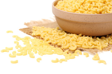 Italian pasta (Gomiti Rigati) on white background