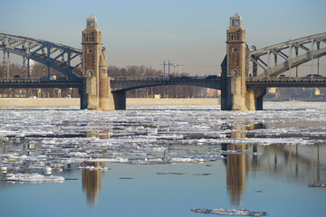 Spring ice drift near the Bolsheokhtinsky bridge. Saint-Petersburg, Russia