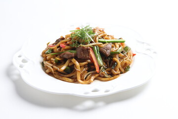 stir fried Japanese udon noodle mee in black pepper sauce with wagyu beef meat asian halal menu