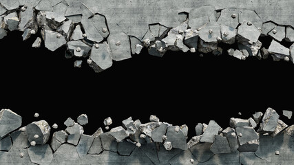 Destroyed wall cracked on two parts with a hole in the middle, 3d illustration - obrazy, fototapety, plakaty