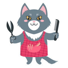 Vector illustration of a cute cartoon cat in an apron with scisors and comb