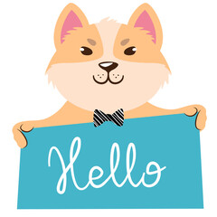 Vector illustration of a cute cartoon dog in a bow tie with banner saying hello