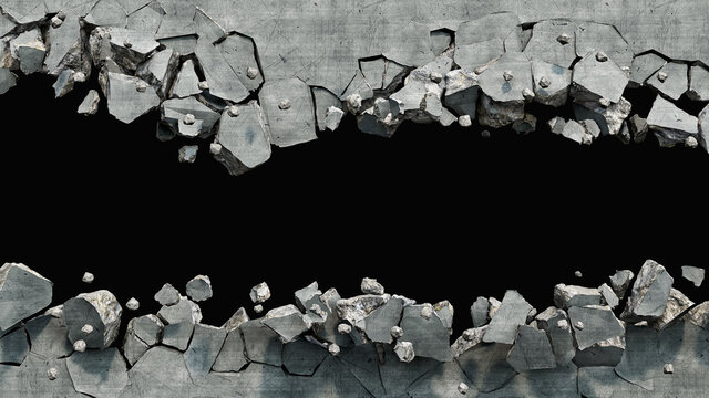 Destroyed wall cracked on two parts with a hole in the middle, 3d illustration