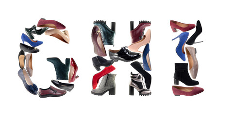 Obraz premium Alphabet shoes. GHI letters from shoes isolated on white background. Letters are made from different shoes.