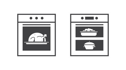 kitchen stove line icon oven with meals inside home appliance concept horizontal