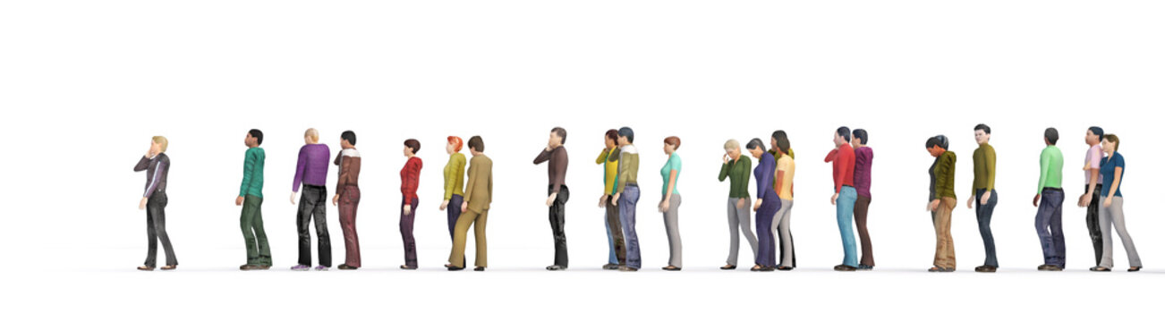 Crowd of people in the queue on a white background. 3d illustration
