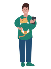 Modern young caucasian man with cat and smartphone