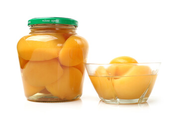 peaches in syrup on a white background 