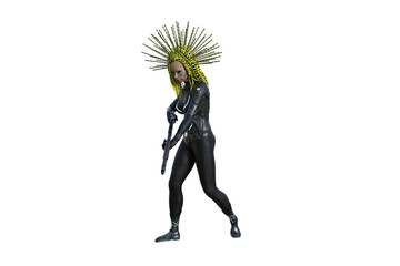 Woman from the future poses with the shooting rifle..Different poses isolated on a white background. 3D figure clip art as a template for collage. 3D rendering, 3D illustration.