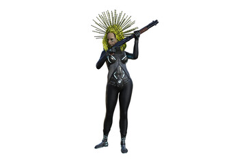 Obraz premium Woman from the future poses with the shooting rifle..Different poses isolated on a white background. 3D figure clip art as a template for collage. 3D rendering, 3D illustration.