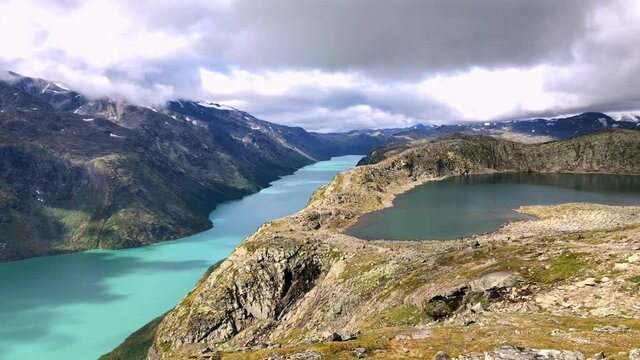Handheld footage of "Besseggen" in Jotunheimen Nation Park, in Norway. No people. Summertime in the Norwegian mountains.