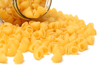 Italian pasta (Gomiti Rigati) on white background