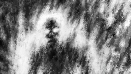 One scary shadow emerge from the fog and look with glowing eyes. Illustration in horror genre with coal and noise effect. Black and white background colors. Ashes and dirt. Gloomy abstrasct art.