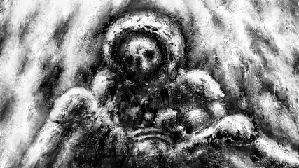 Dead astronaut in broken spacesuit sits. Lost man in dark space. Creepy illustration in horror and fiction genre with coal and noise effect. Black and white cover art. Apocalyptic doomsday theme.