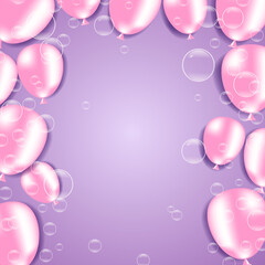 Balloons and bubbles on purple background. For banners, cards, flyers, advertisements.