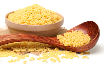 Italian pasta (Gomiti Rigati) on white background