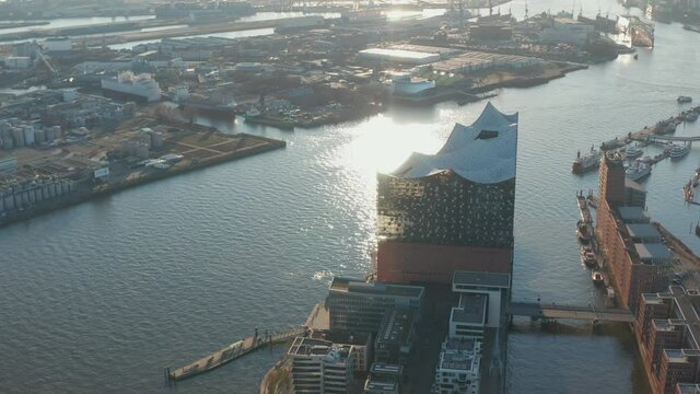 Aerial view of modern rooftop of Elbphilharmonie music hall building on the river bank of Elbe river in Hamburg, Germany