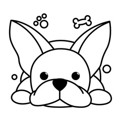 Black line vector illustration cartoon on a white background of a cute French Bulldog..