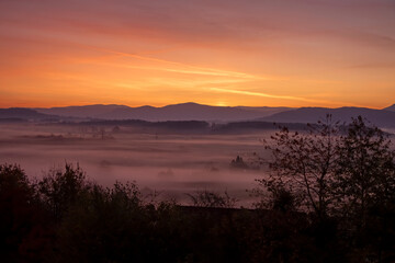 Just before sunrise, a view of meadows shrouded in mist