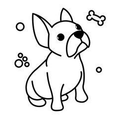 Black line vector illustration cartoon on a white background of a cute French Bulldog..