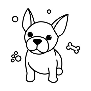 Black line vector illustration cartoon on a white background of a cute French Bulldog..