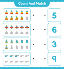 Count and match, count the number of Pyramid Toy, Whirligig Toy, Rocket, Helicopter and match with the right numbers. Educational children game, printable worksheet, vector illustration