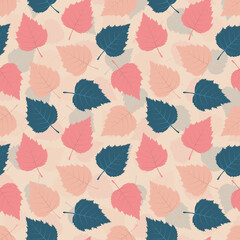 Colourful autumn seamless pattern with birch leaves. Can be used for printing on fabric, wrapping paper, greeting cards, posters, banners. Cartoon vector illustration