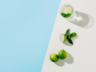 Summer arrangement with lime citrus fruit, mint leaves and a glass of refreshing cocktail with pastel blue copy space. Mojito cocktail ingredients. Creative food or drink concept. Flat lay, top view.