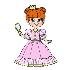 Cute cartoon girl dressed in underwear with mirror in hand color variation for coloring page isolated on white background