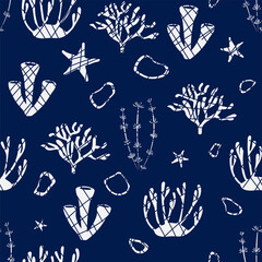 Sea corals vector seamless pattern on blue background