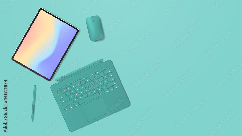 Poster modern tablet computer with keyboard mouse pen and colored screen