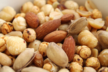 mixed nuts and dried fruits, top view, almond, hazelnut,pistachio dry seeds