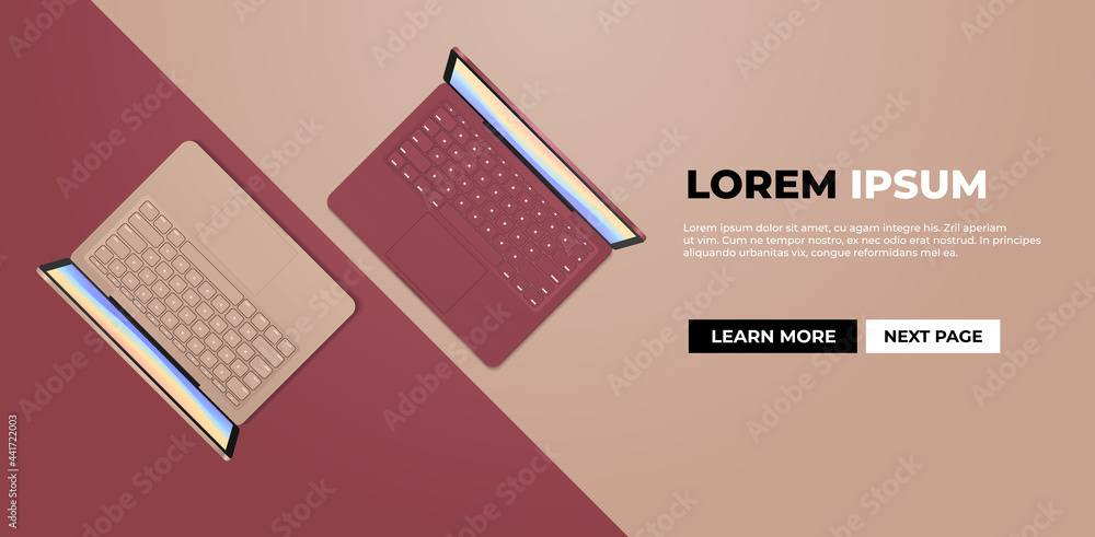 Poster modern laptops with keyboard and colored screen realistic mockup gadgets and devices concept