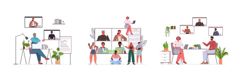 set businesspeople chatting with mix race colleagues during video call people having online conference meeting