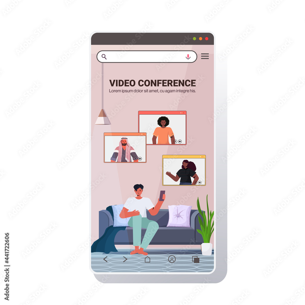 Poster man chatting with mix race friends in web browser windows during video call online conference self i