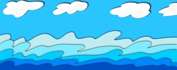 Abstract ocean against cloud 3D paper cut effect background.