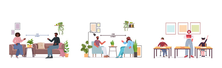 set people in protective masks discussing during meeting keeping distance to prevent coronavirus social distancing