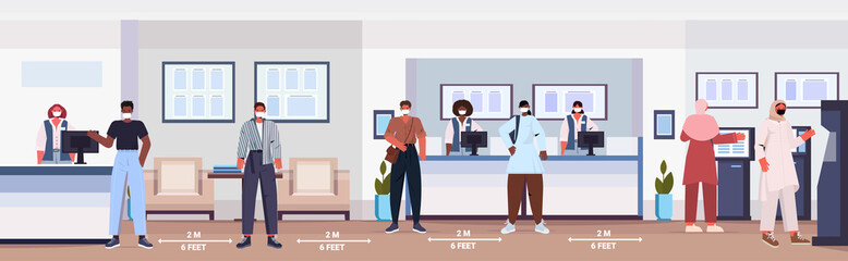 clients in protective masks keeping distance to prevent coronavirus social distancing concept